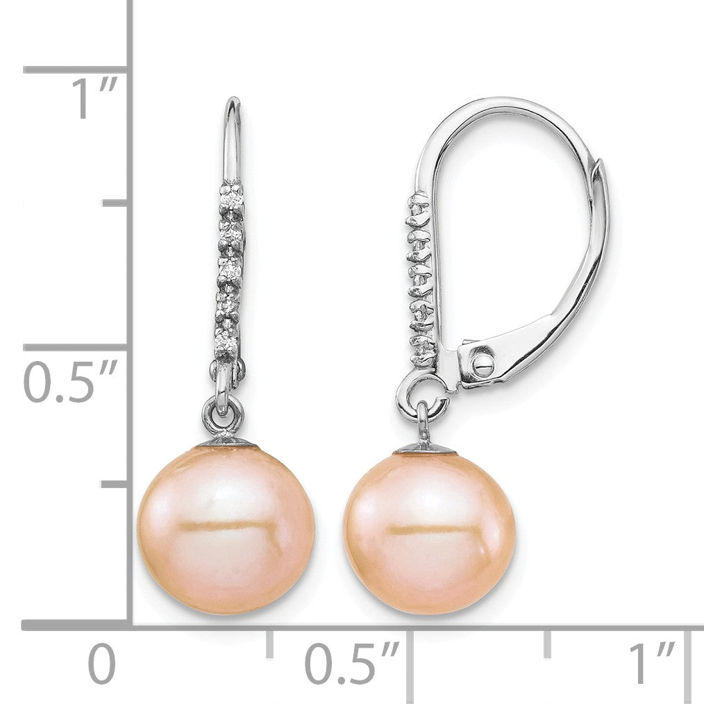 14k White Gold 8-9mm Pink Round Freshwater Cultured Pearl and .05 Carat Diamond Dangle Leverback Earrings
