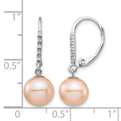 14k White Gold 8-9mm Pink Round Freshwater Cultured Pearl and .05 Carat Diamond Dangle Leverback Earrings