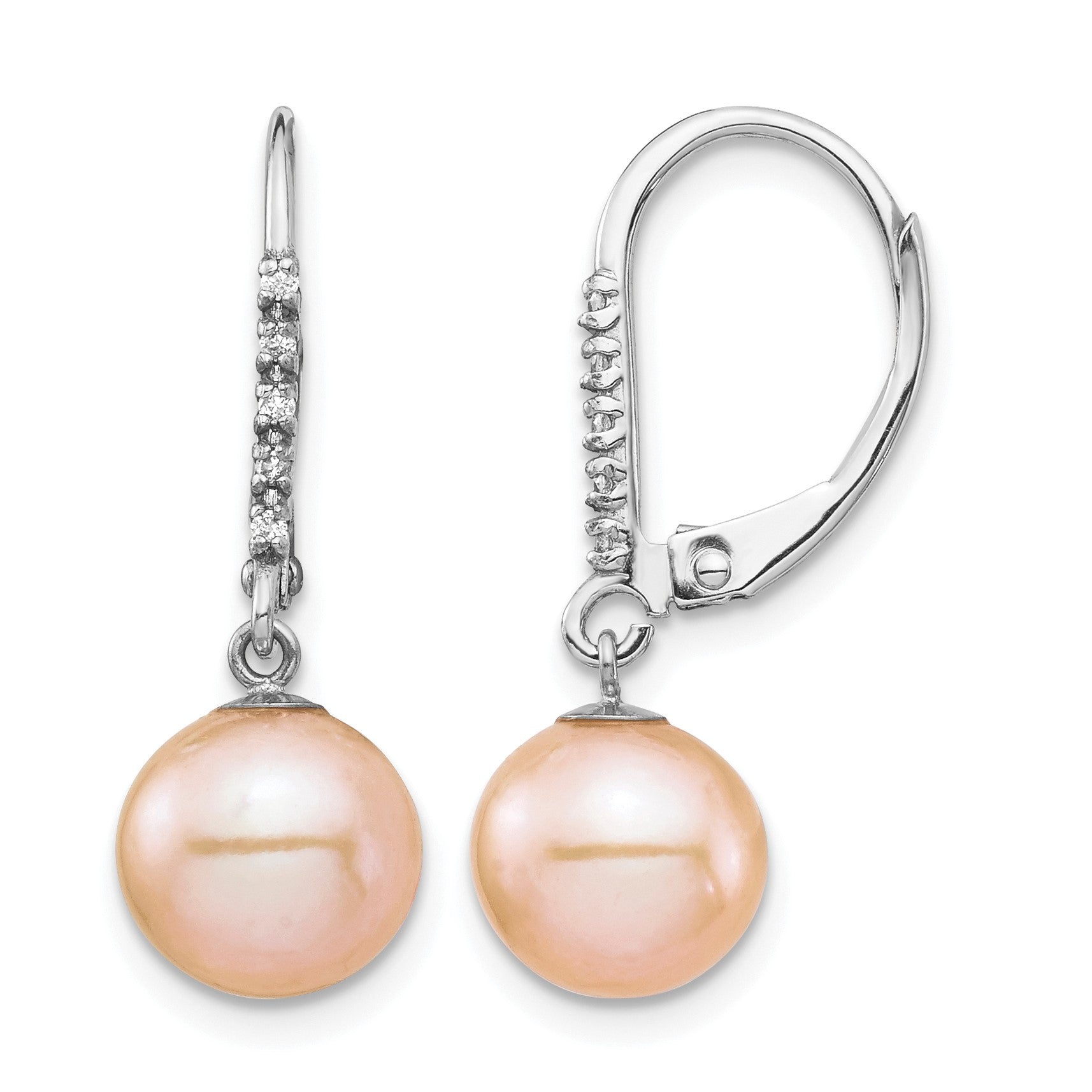 14k White Gold 8-9mm Pink Round Freshwater Cultured Pearl and .05 Carat Diamond Dangle Leverback Earrings