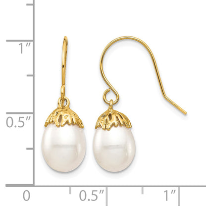 14K 7-8mm White Rice Freshwater Cultured Pearl Shepherd Hook Dangle Earrings