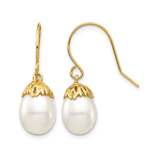 14K 7-8mm White Rice Freshwater Cultured Pearl Shepherd Hook Dangle Earrings