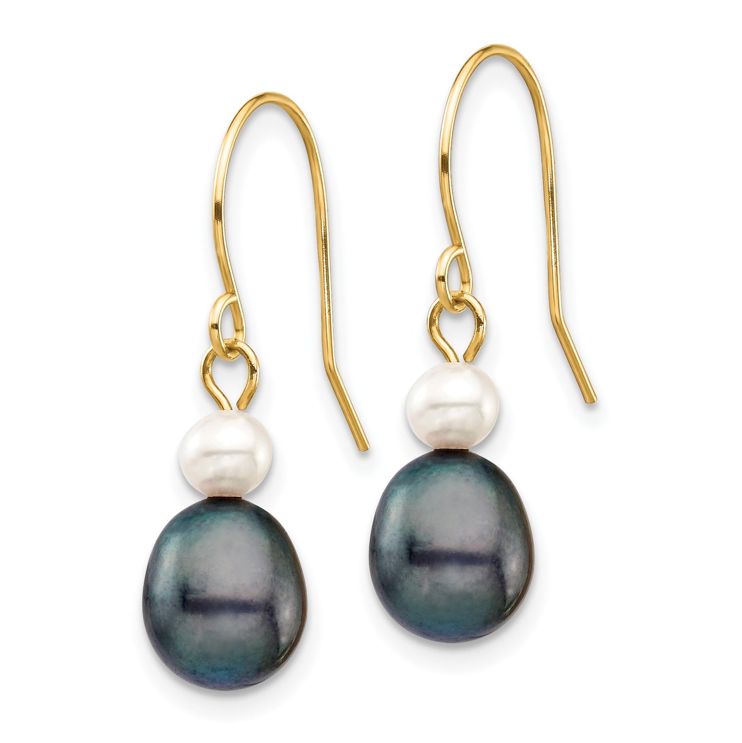 14k 4-7mm Black Rice and White Round Freshwater Cultured Pearl Dangle Earrings