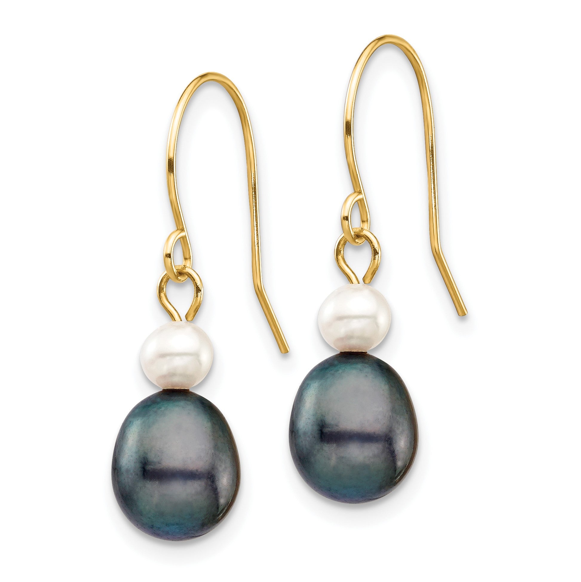 14k 4-7mm Black Rice and White Round Freshwater Cultured Pearl Dangle Earrings
