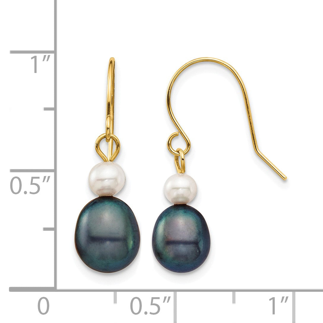 14k 4-7mm Black Rice and White Round Freshwater Cultured Pearl Dangle Earrings