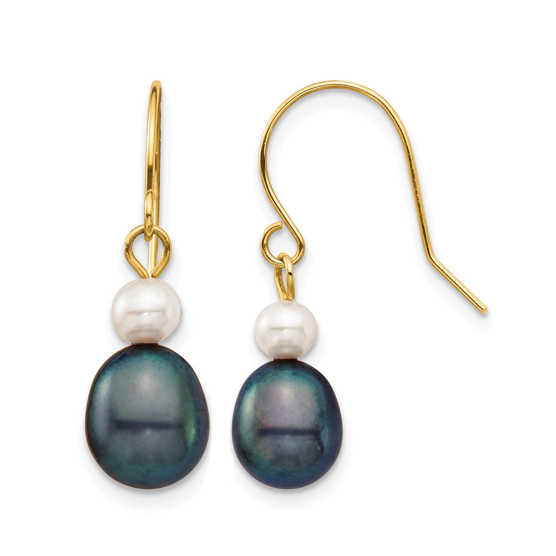 14k 4-7mm Black Rice and White Round Freshwater Cultured Pearl Dangle Earrings