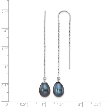 14k White Gold 7-8mm Black Teardrop Freshwater Cultured Pearl Threader Earrings