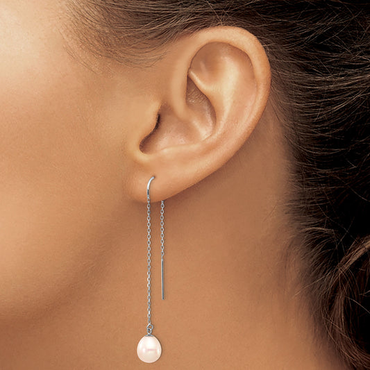 14k White Gold 7-8mm White Teardrop Freshwater Cultured Pearl Threader Earrings