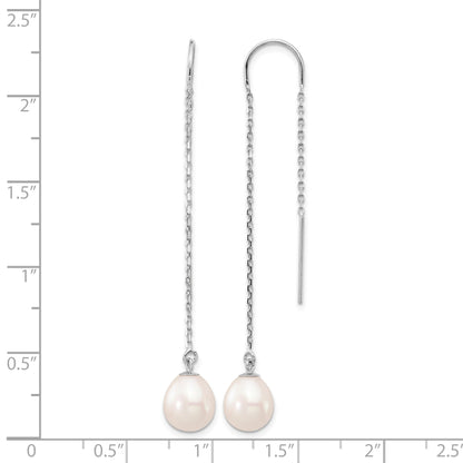 14k White Gold 7-8mm White Teardrop Freshwater Cultured Pearl Threader Earrings