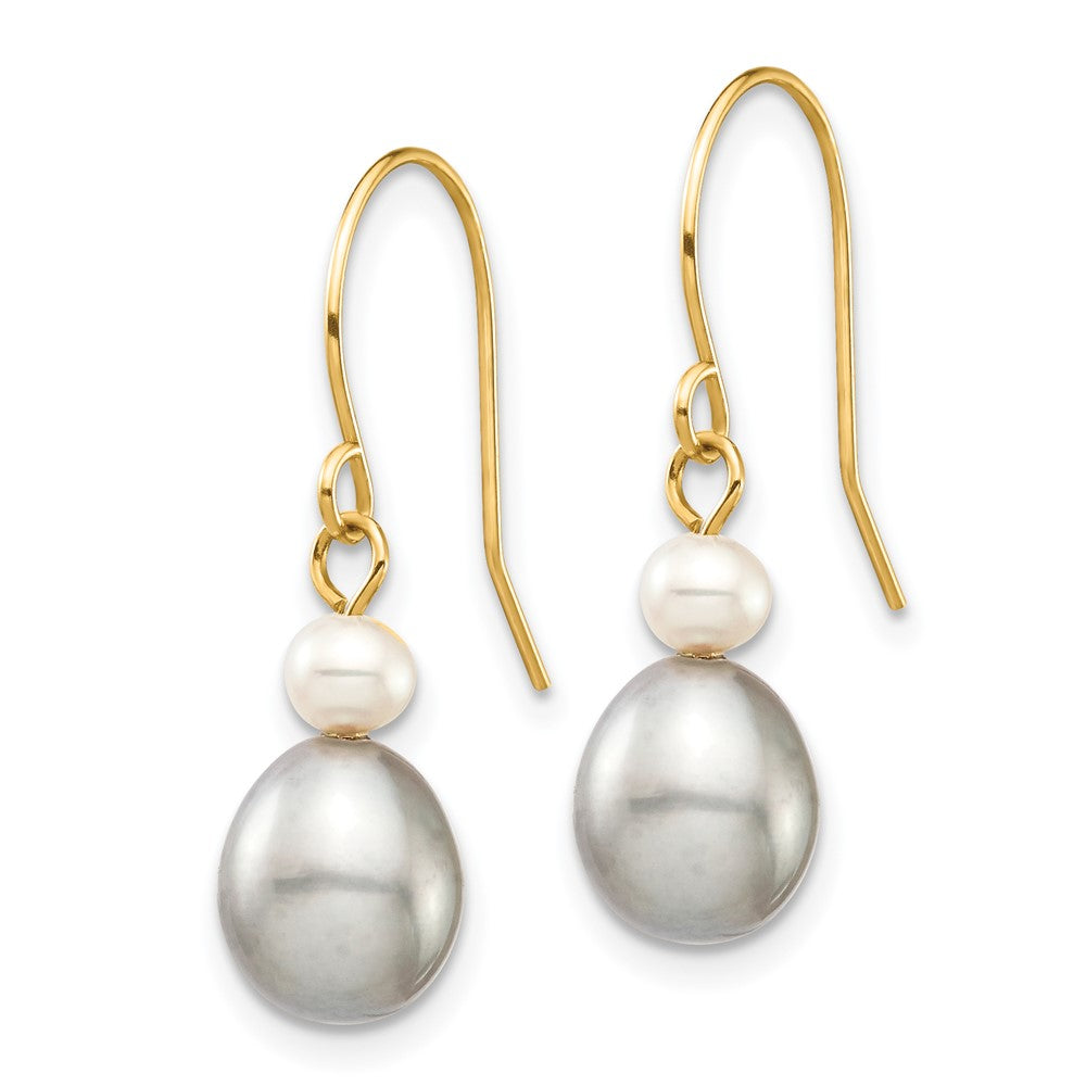 14k 4-7mm Grey Rice and White Round Freshwater Cultured Pearl Dangle Earrings