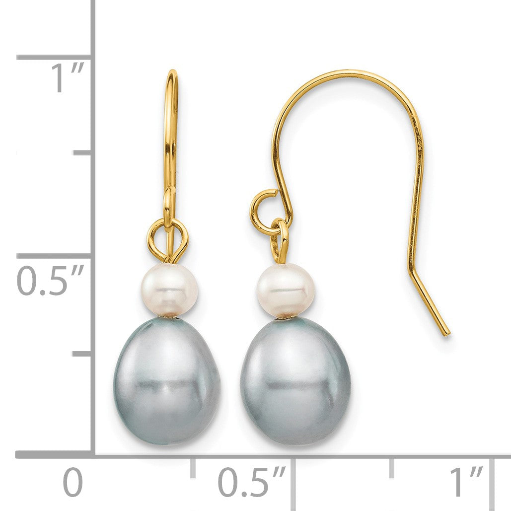14k 4-7mm Grey Rice and White Round Freshwater Cultured Pearl Dangle Earrings