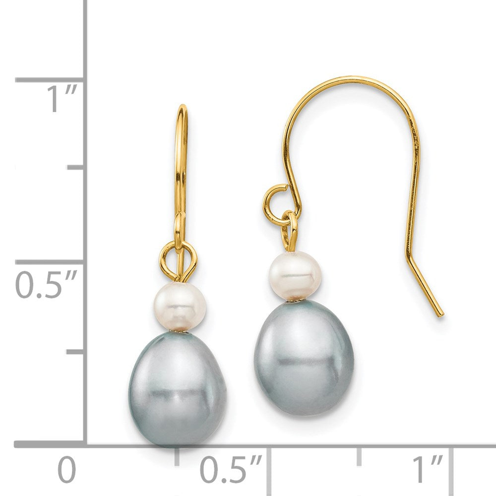 14k 4-7mm Grey Rice and White Round Freshwater Cultured Pearl Dangle Earrings