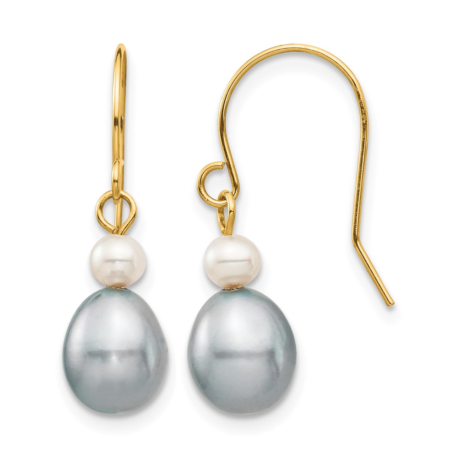 14k 4-7mm Grey Rice and White Round Freshwater Cultured Pearl Dangle Earrings