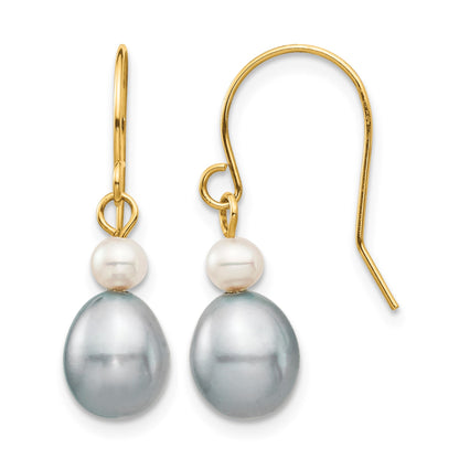 14k 4-7mm Grey Rice and White Round Freshwater Cultured Pearl Dangle Earrings