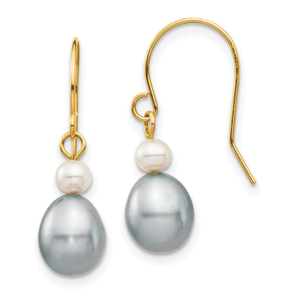 14k 4-7mm Grey Rice and White Round Freshwater Cultured Pearl Dangle Earrings