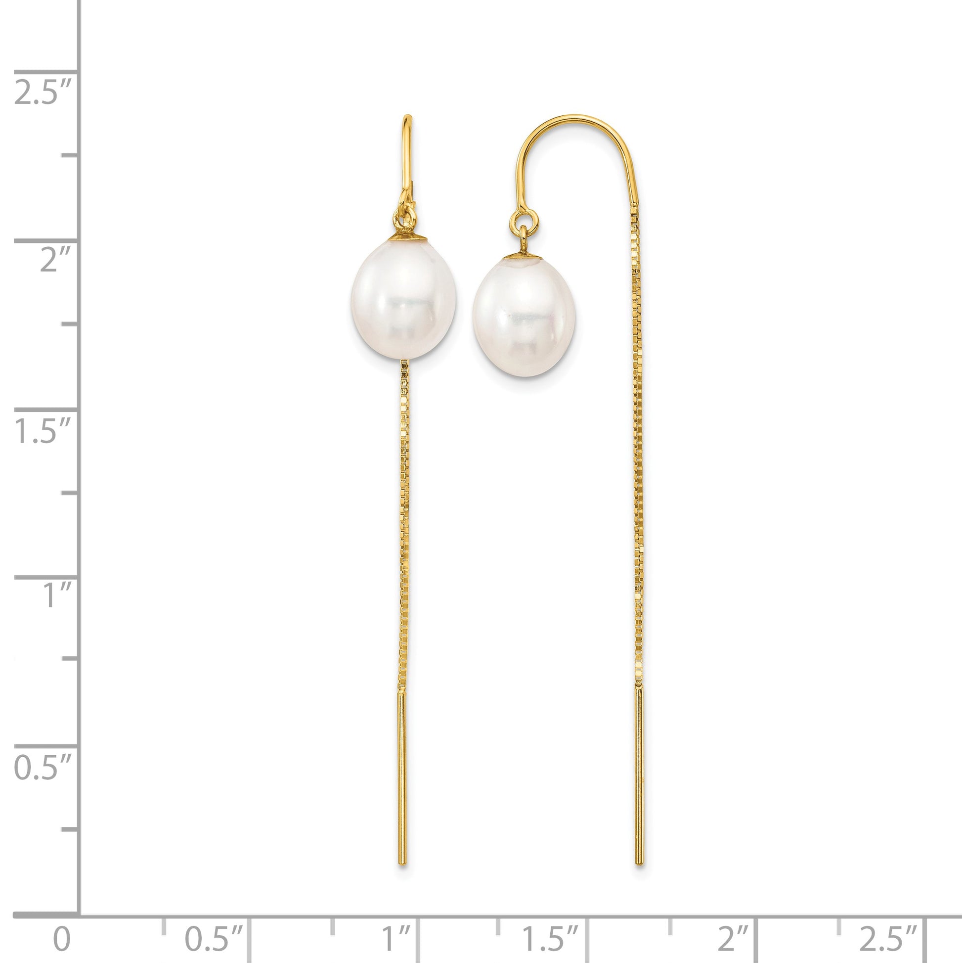 14k 7-8mm White Rice Freshwater Cultured Pearl Box Chain Threader Earrings