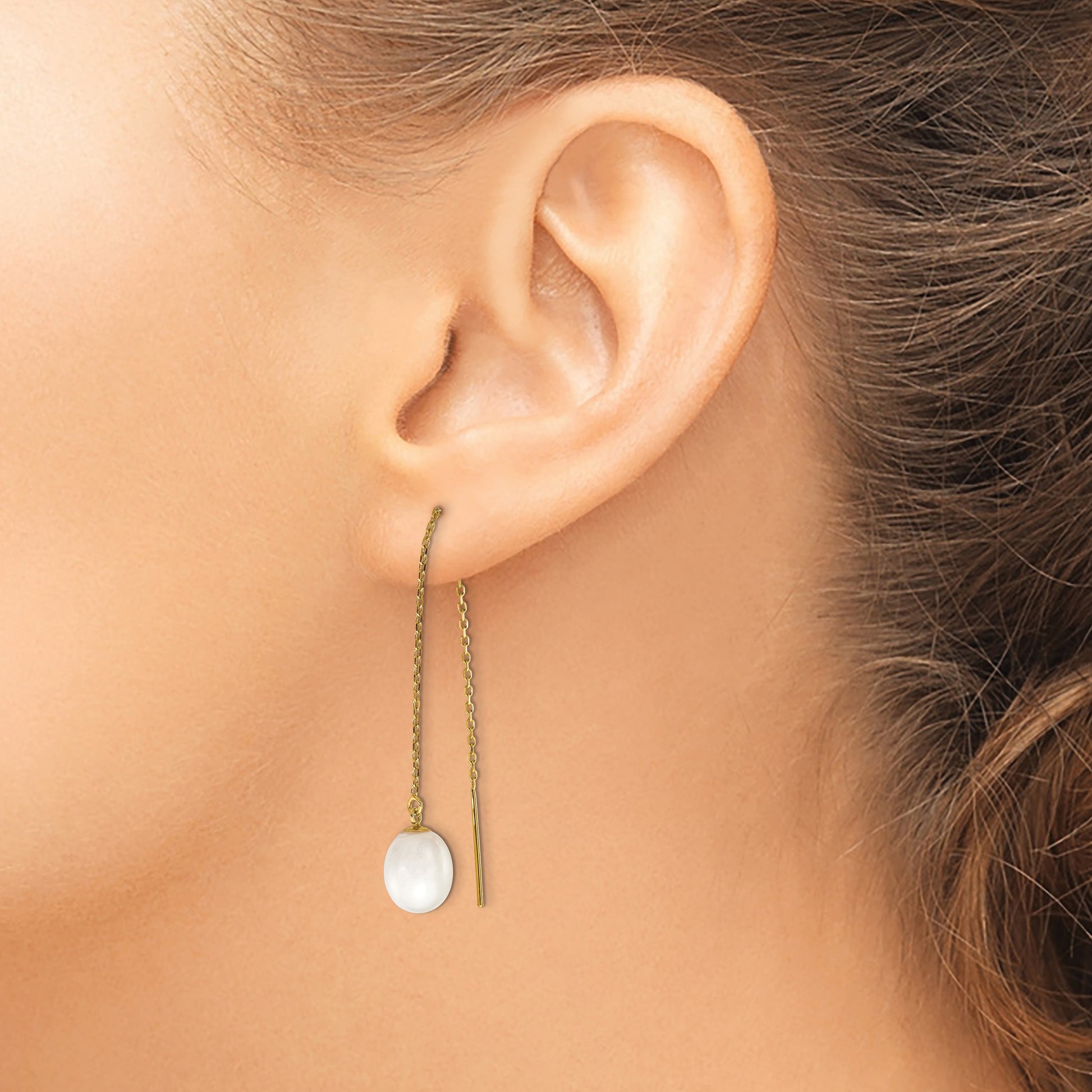 14k 7-8mm White Rice Freshwater Cultured Pearl Cable Chain Threader Earrings