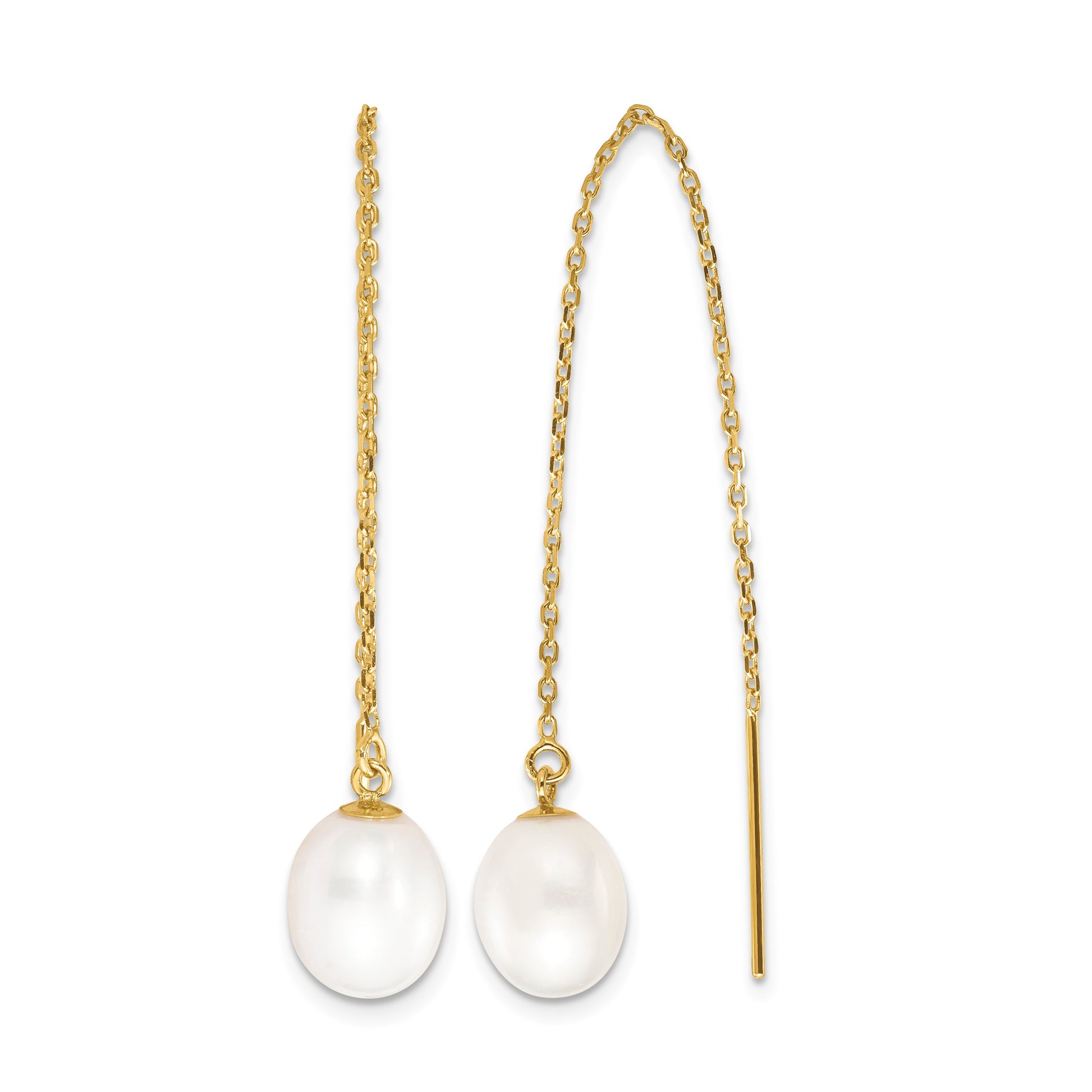 14k 7-8mm White Rice Freshwater Cultured Pearl Cable Chain Threader Earrings