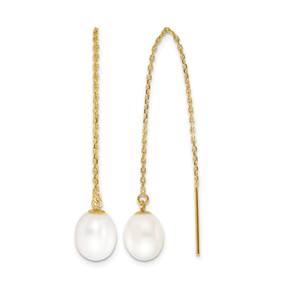 14k 7-8mm White Rice Freshwater Cultured Pearl Cable Chain Threader Earrings