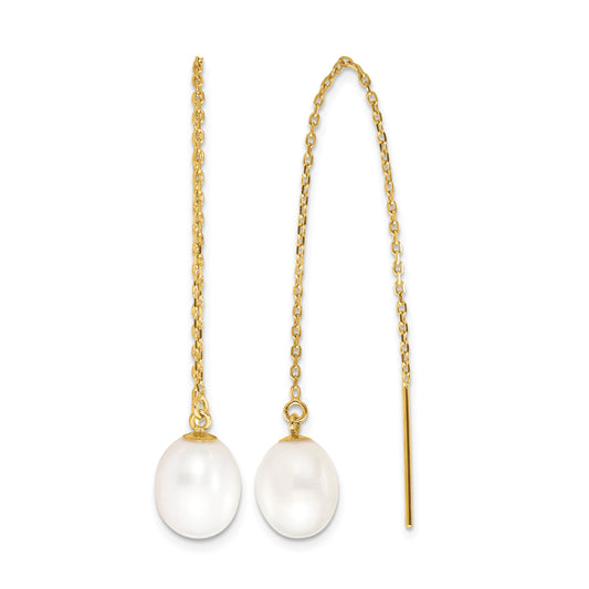 14k 7-8mm White Rice Freshwater Cultured Pearl Cable Chain Threader Earrings