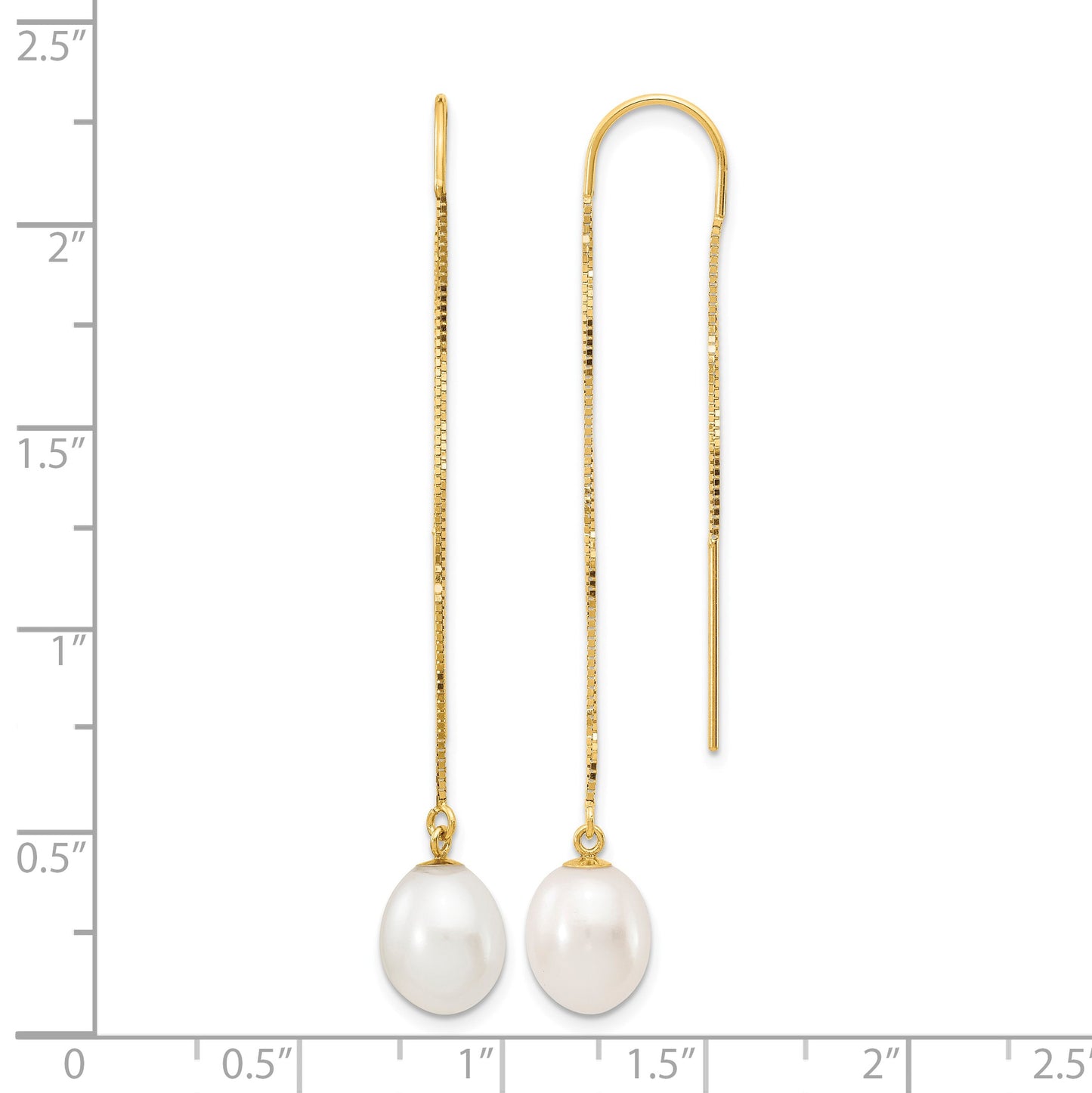 14k 7-8mm White Rice Freshwater Cultured Pearl Box Chain Threader Earrings