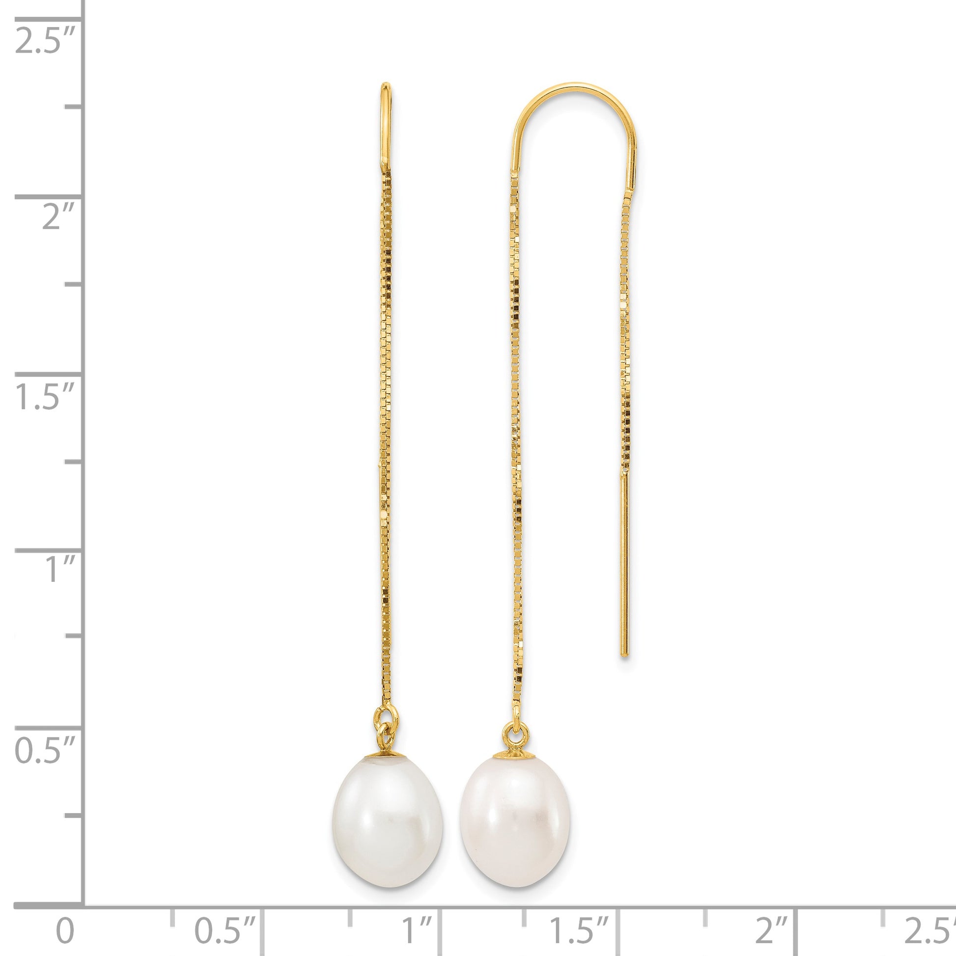 14k 7-8mm White Rice Freshwater Cultured Pearl Box Chain Threader Earrings