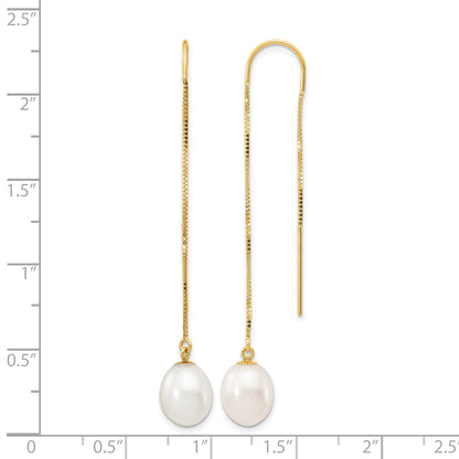 14k 7-8mm White Rice Freshwater Cultured Pearl Box Chain Threader Earrings