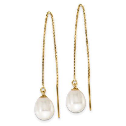 14k 7-8mm White Teardrop Freshwater Cultured Pearl Box Chain Threader Earrings