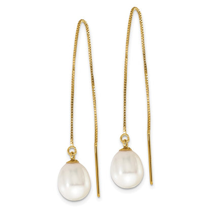 14k 7-8mm White Teardrop Freshwater Cultured Pearl Box Chain Threader Earrings