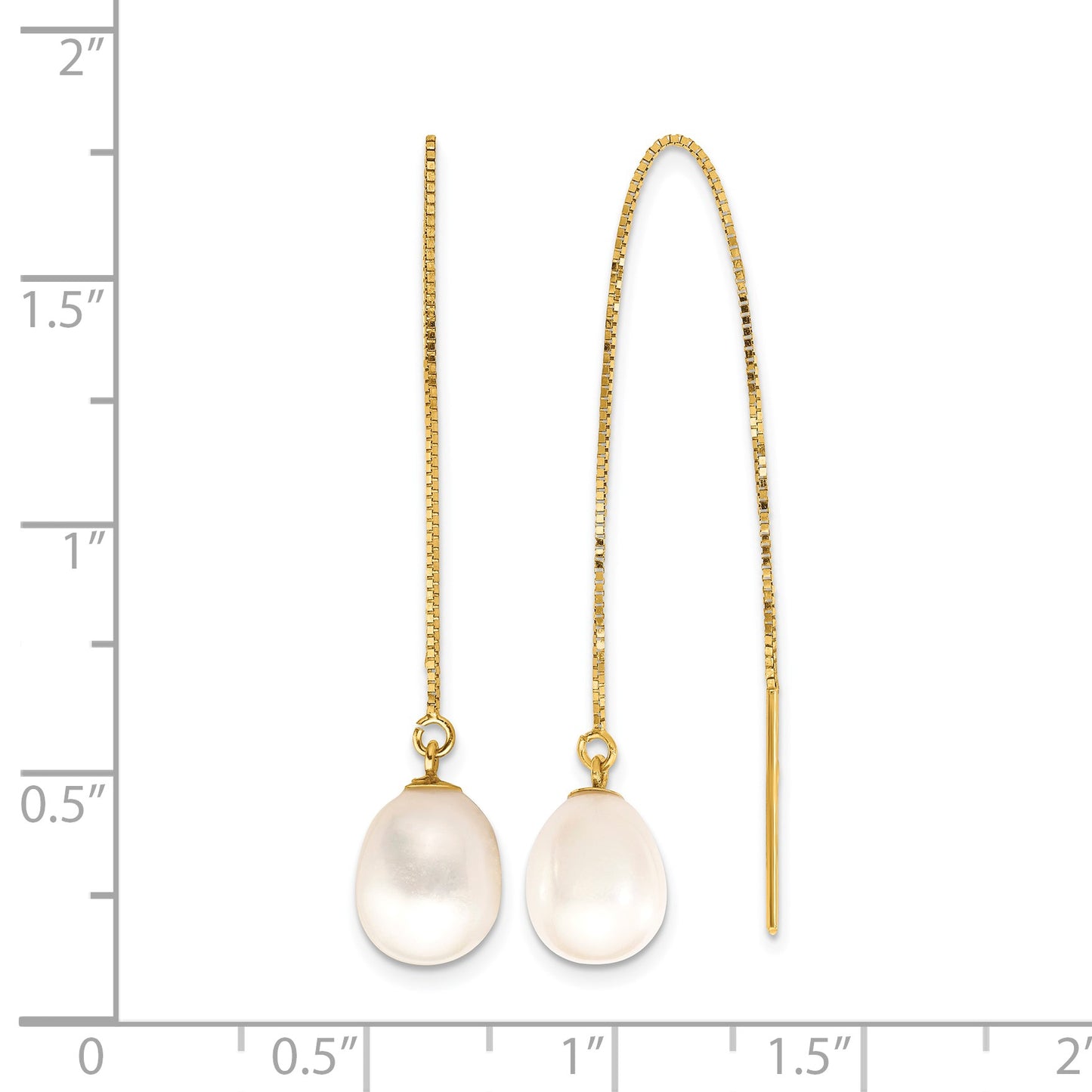 14k 7-8mm White Teardrop Freshwater Cultured Pearl Box Chain Threader Earrings
