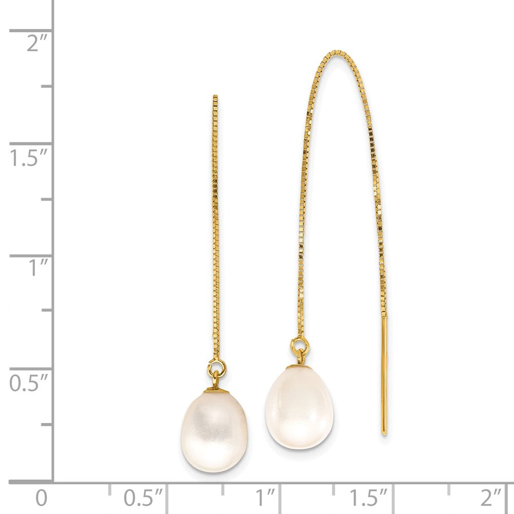 14k 7-8mm White Teardrop Freshwater Cultured Pearl Box Chain Threader Earrings