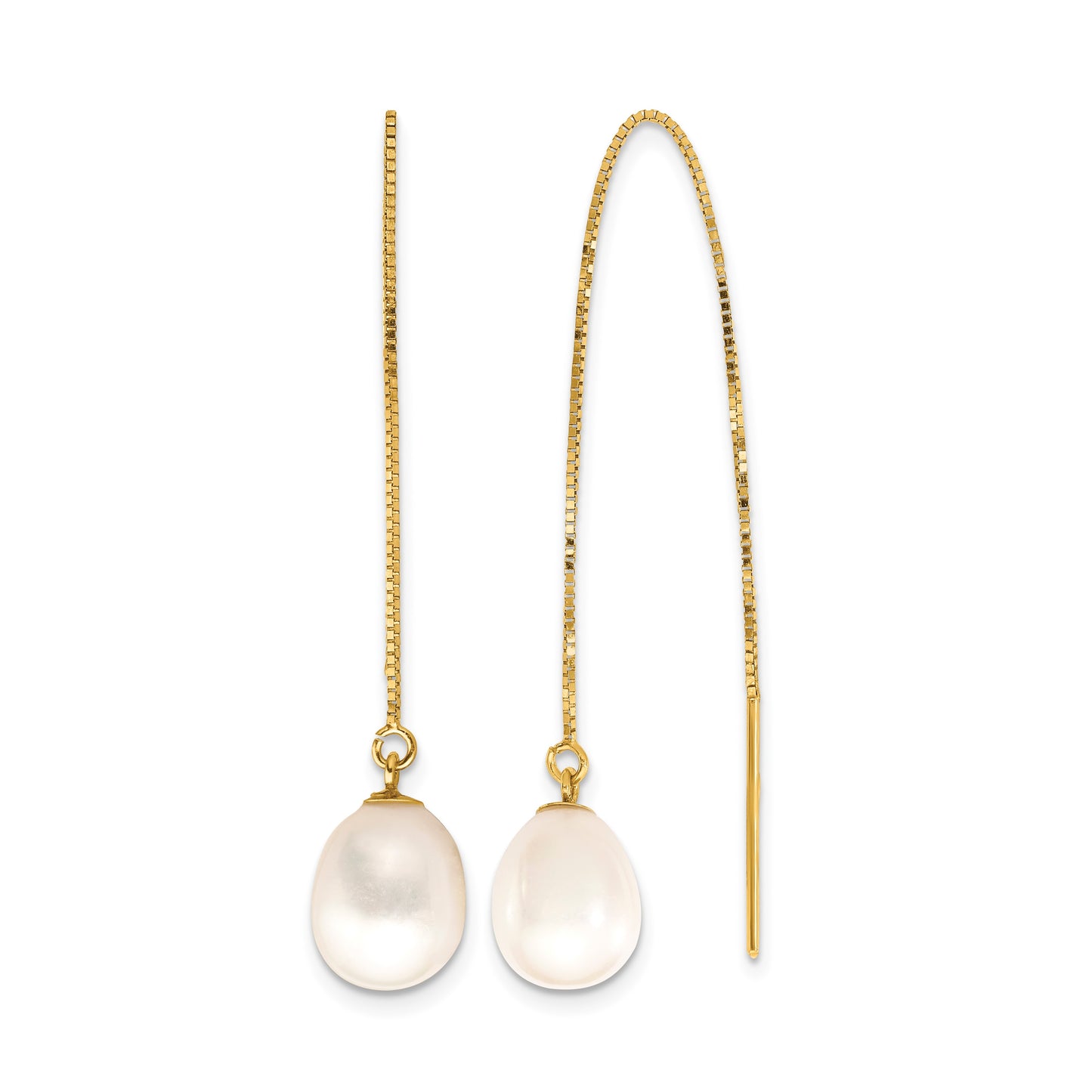 14k 7-8mm White Teardrop Freshwater Cultured Pearl Box Chain Threader Earrings