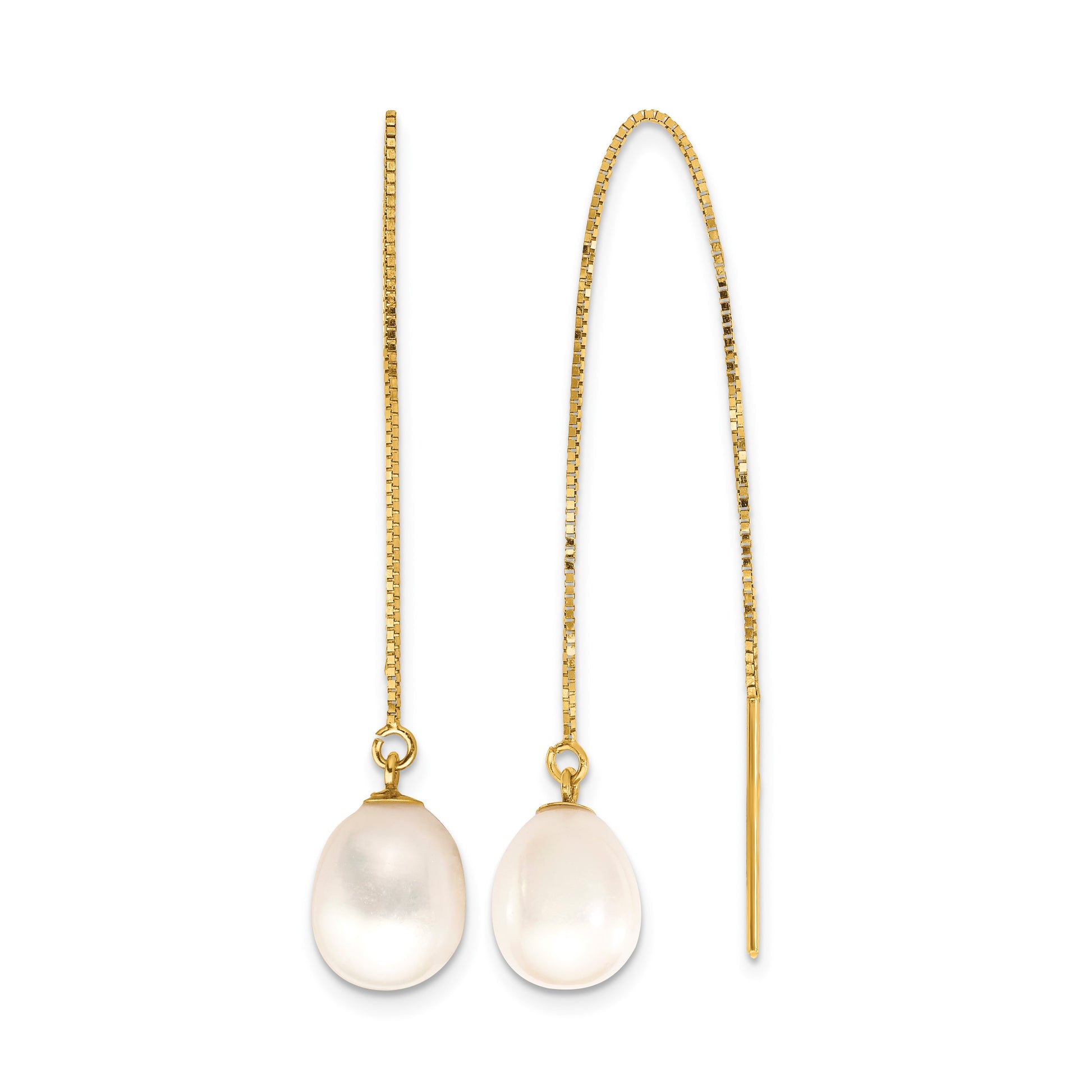 14k 7-8mm White Teardrop Freshwater Cultured Pearl Box Chain Threader Earrings