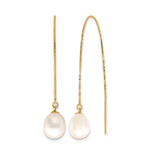 14k 7-8mm White Teardrop Freshwater Cultured Pearl Box Chain Threader Earrings