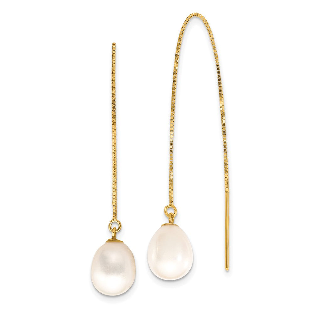 14k 7-8mm White Teardrop Freshwater Cultured Pearl Box Chain Threader Earrings