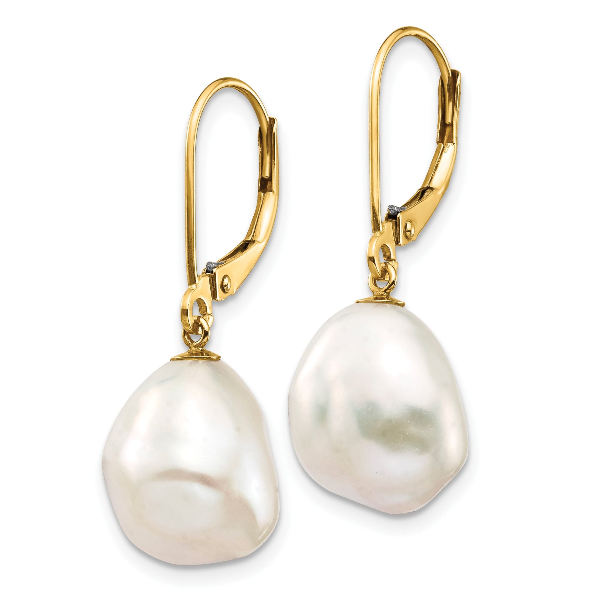 14k 10x12mm White Keshi Freshwater Cultured Pearl Dangle Leverback Earrings