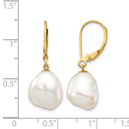 14k 10x12mm White Keshi Freshwater Cultured Pearl Dangle Leverback Earrings