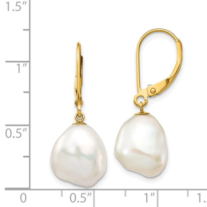 14k 10x12mm White Keshi Freshwater Cultured Pearl Dangle Leverback Earrings