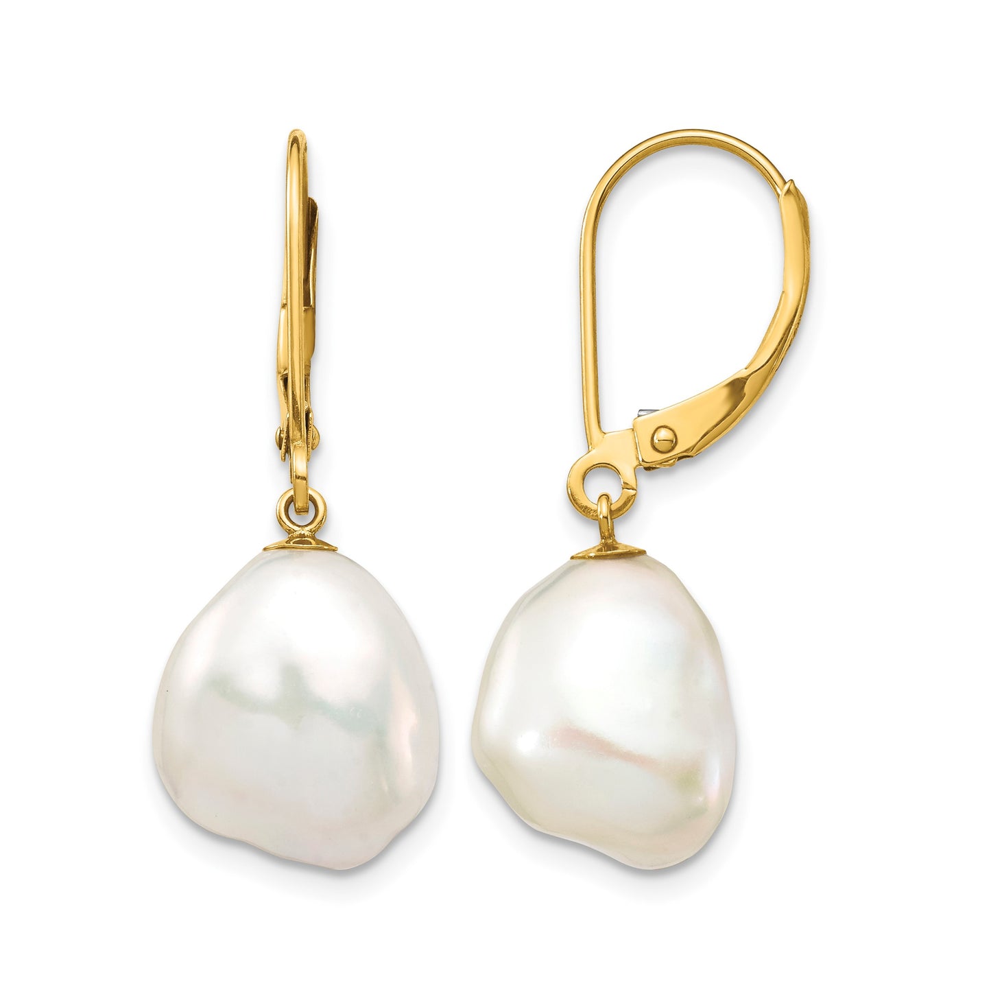 14k 10x12mm White Keshi Freshwater Cultured Pearl Dangle Leverback Earrings