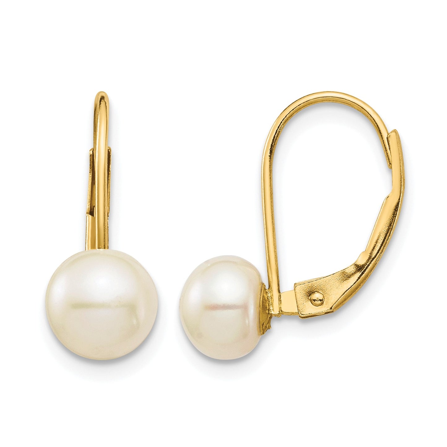 14K 6-7mm White Button Freshwater Cultured Pearl Leverback Earrings