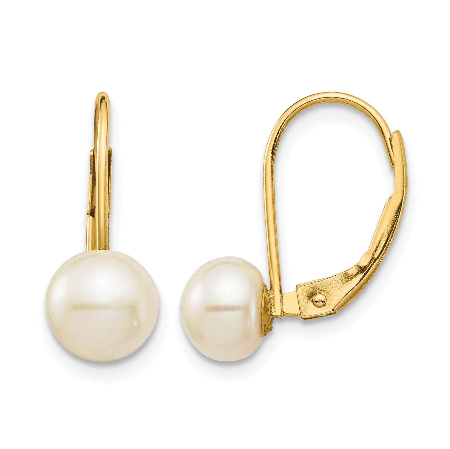14K 6-7mm White Button Freshwater Cultured Pearl Leverback Earrings