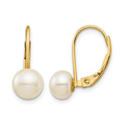 14K 6-7mm White Button Freshwater Cultured Pearl Leverback Earrings