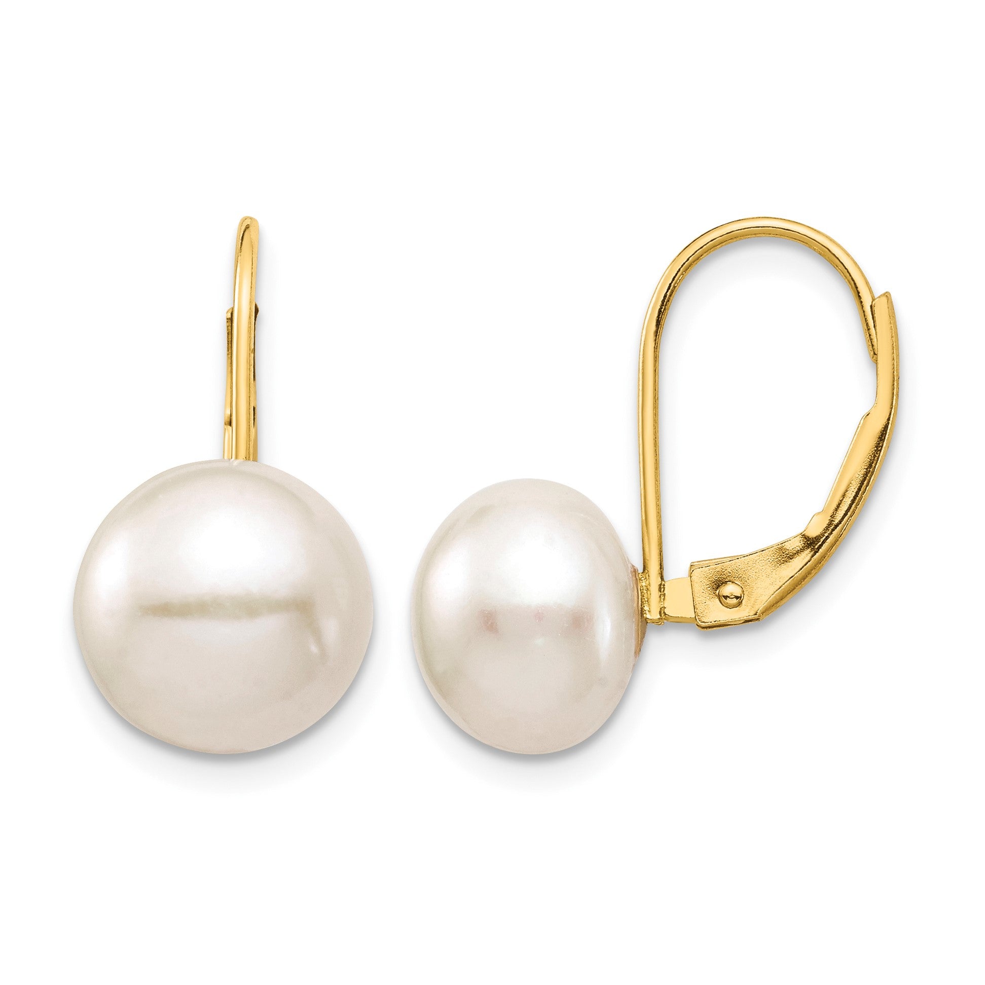 14K 9-10mm White Button Freshwater Cultured Pearl Leverback Earrings