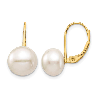 14K 9-10mm White Button Freshwater Cultured Pearl Leverback Earrings