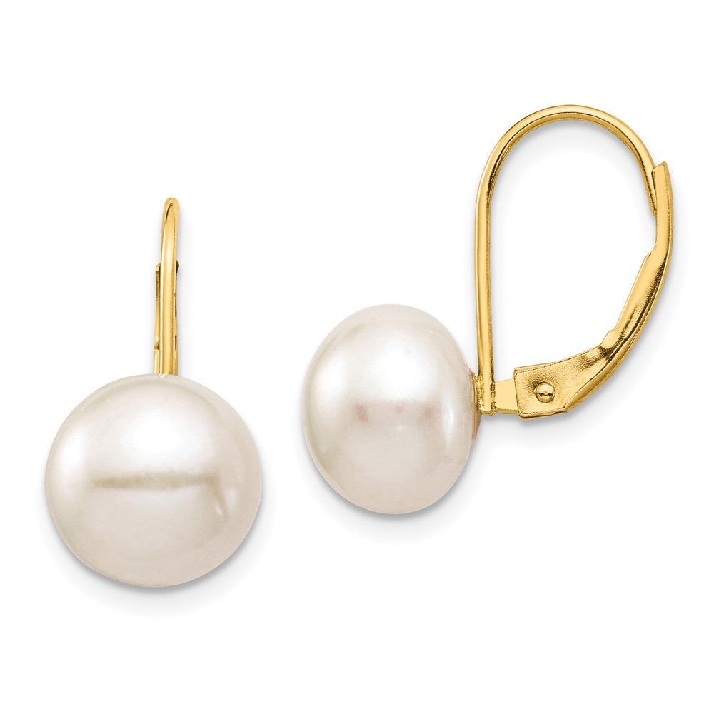 14K 9-10mm White Button Freshwater Cultured Pearl Leverback Earrings