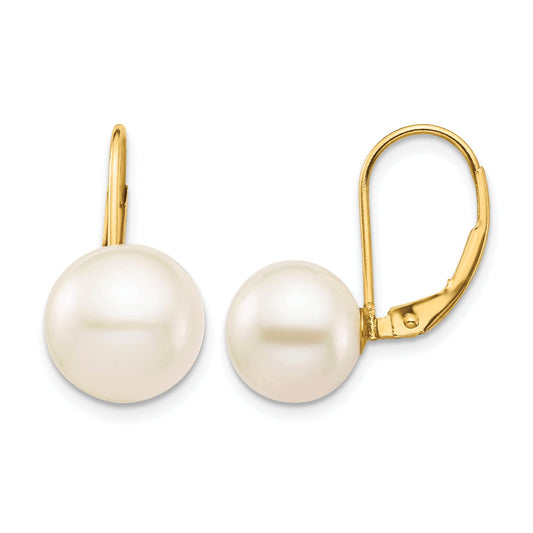 14K 9-10mm White Round Freshwater Cultured Pearl Leverback Earrings