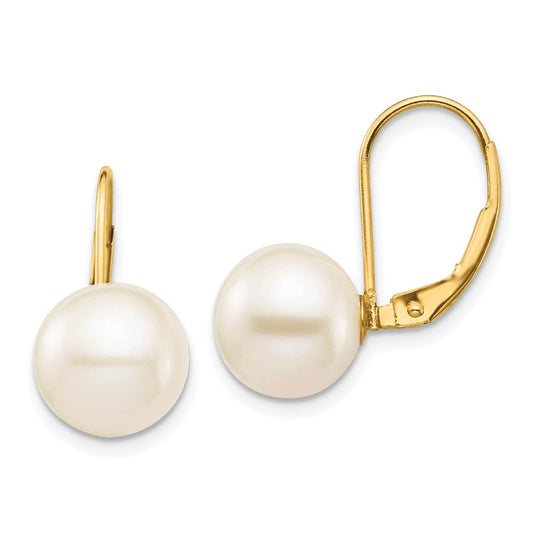 14K 9-10mm White Round Freshwater Cultured Pearl Leverback Earrings