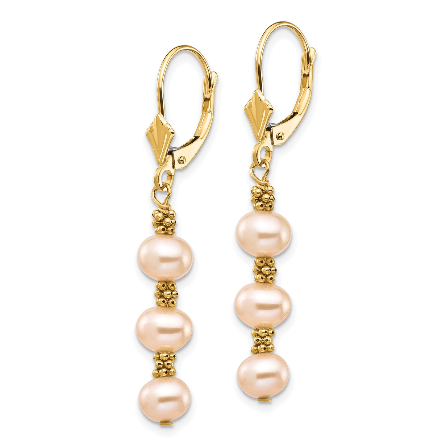 14k 5-6mm Pink Semi-Round Freshwater Cultured Pearl Dangle Leverback Earrings