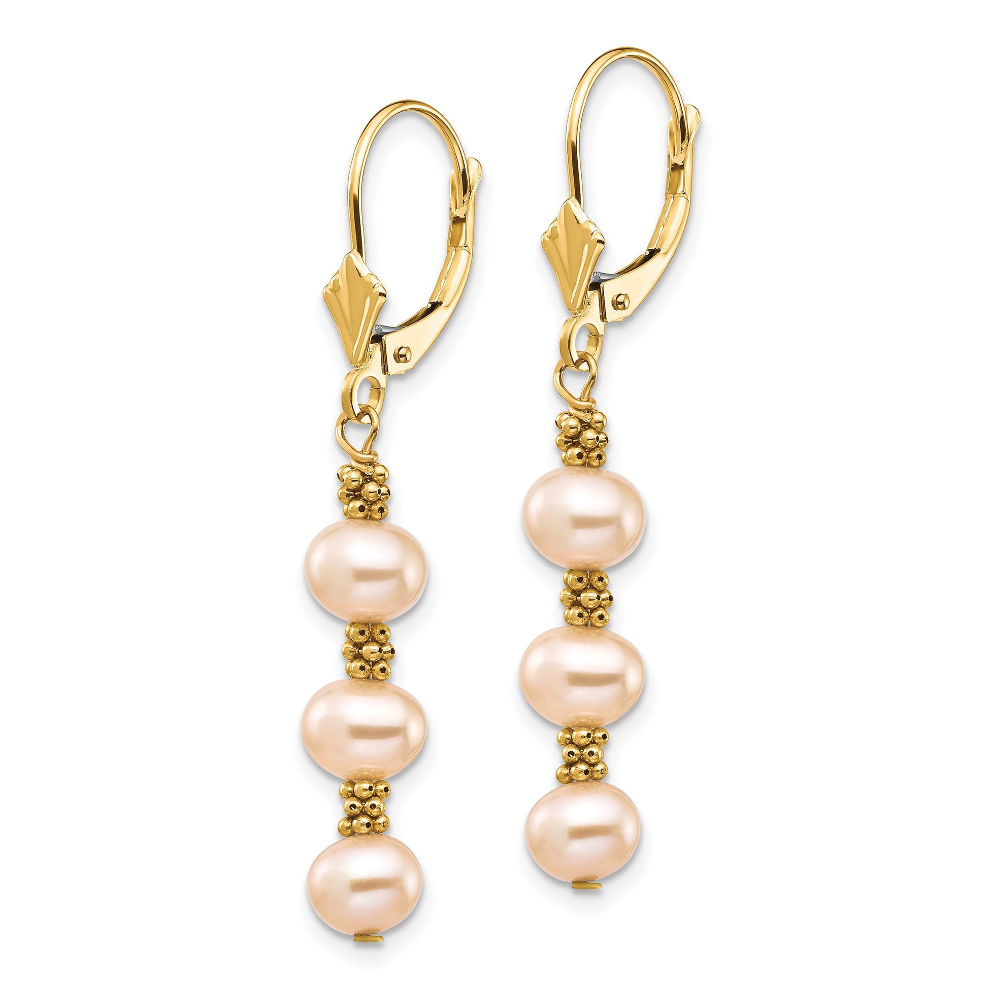 14k 5-6mm Pink Semi-Round Freshwater Cultured Pearl Dangle Leverback Earrings