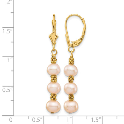 14k 5-6mm Pink Semi-Round Freshwater Cultured Pearl Dangle Leverback Earrings
