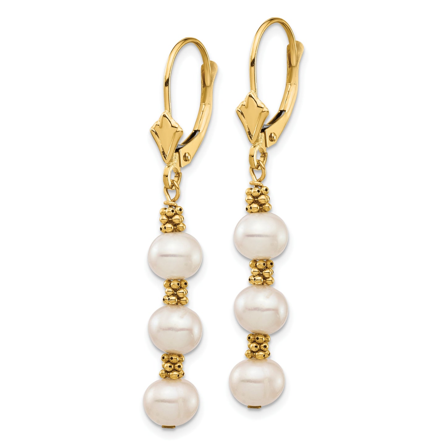 14k 5-6mm White Semi-Round Freshwater Cultured Pearl Dangle Leverback Earrings